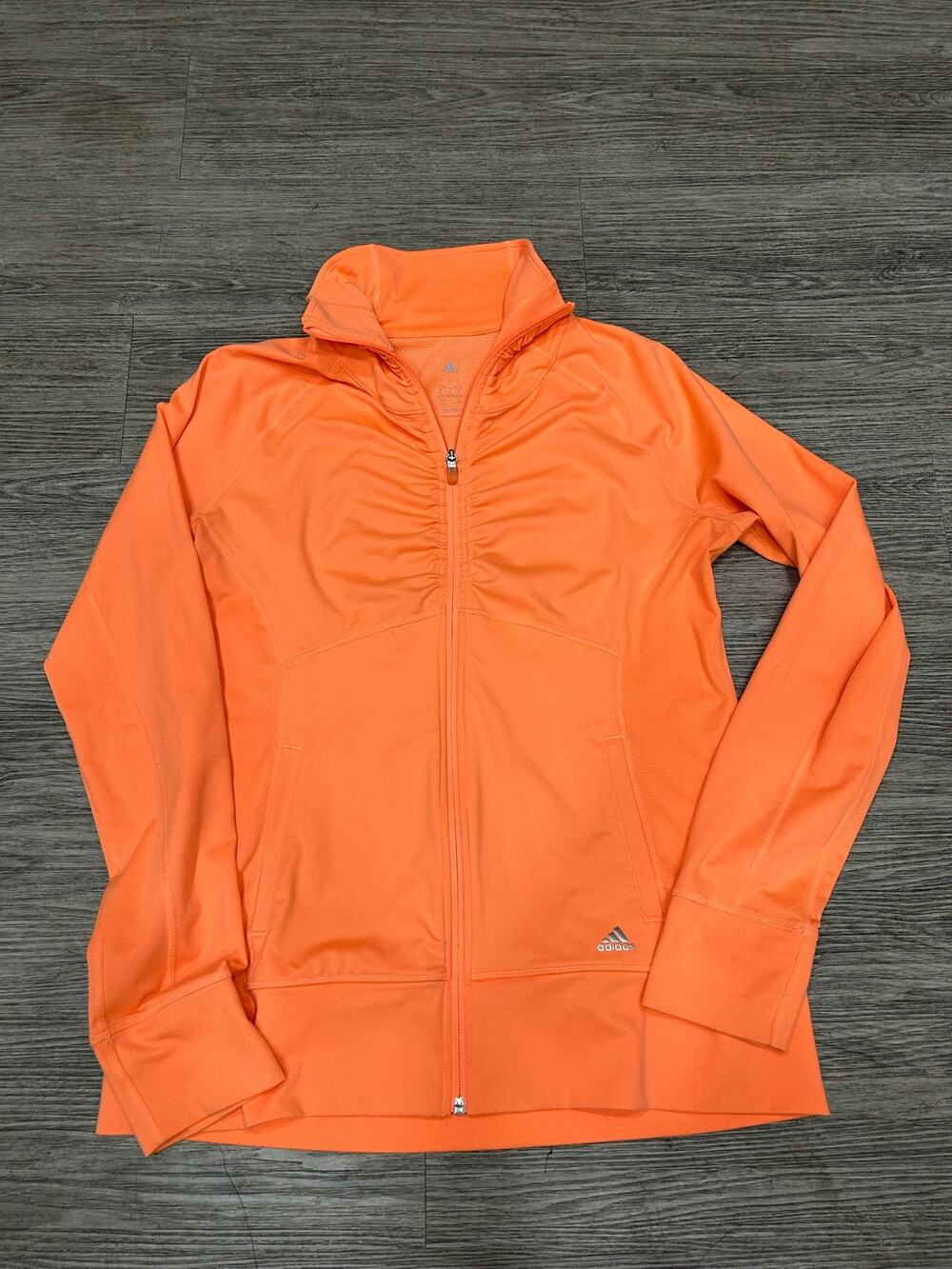 ⁠Adidas Climalite Womens Large Peach Orange Full Zip Ruched Running Track Jacket